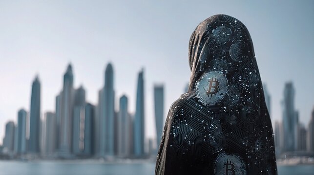 Futuristic Businesswoman in Hijab Overlooking Dubai Skyline