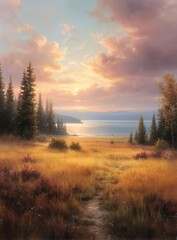 Fototapeta premium Golden Meadow Landscape At Sunset With Lake View