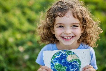 Happy child holding Earth drawing.