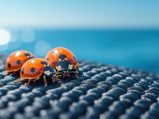 Obraz premium Bright orange ladybugs gather on a textured black surface illuminated by warm sunlight with a serene ocean and vibrant blue sky creating a tranquil summer atmosphere