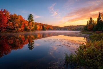 Fototapeta premium Autumn Lake Sunrise Reflection