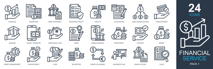 Financial Service Icons set vector illustration. Containing financial, budgeting, wealth, accounting, banking and more. Simple outline icons collection.