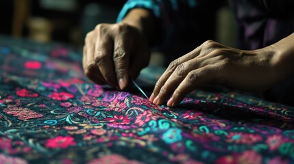 Skilled hands embroidering fabric