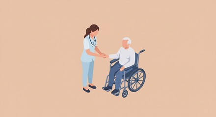Nurse Assisting Senior Man in Wheelchair Isometric Illustration