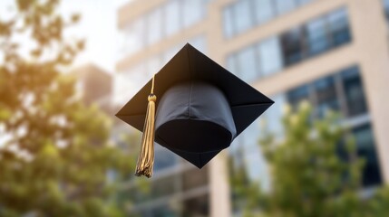 Graduation cap against blurred building and green foliage background, representing success