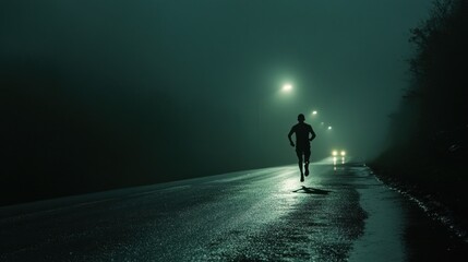 Silhouette of a runner exercising in the foggy road under street lights