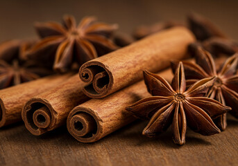 Cinnamon Sticks and Star Anise on Wooden Surface