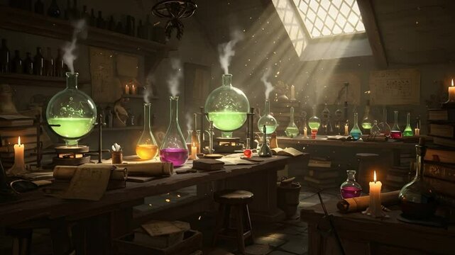 Alchemy lab with potions and candles fantasy scene mysterious laboratory 4k video