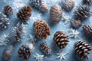 Winter Pine Cones Decorated With Snow On Light Blue Background