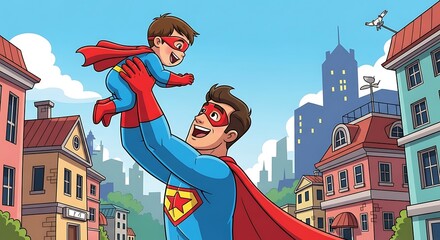 Superhero Dad Holding Child – Whimsical Father’s Day Illustration

