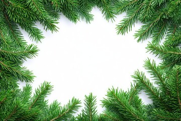Fresh green pine branches arranged along the edges of a white background with a bright and natural look