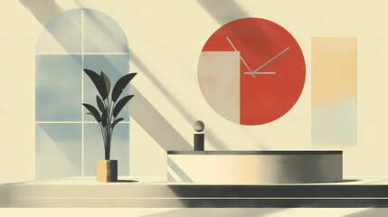 Minimalist, modern, white room interior scene with a plant, clock, and decorative objects on a circular podium. sunlight casts shadows on the wall. minimalist. Illustration