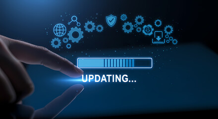 Digital Progress Bar Displaying "Updating..." with Tech Icons