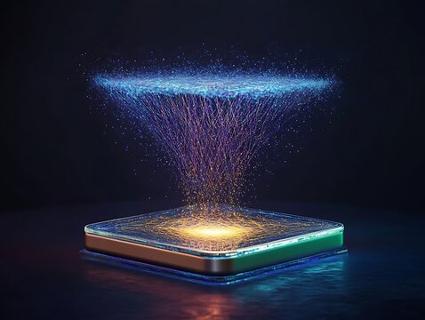 A quantum field processor floating above a glass base, emitting energy pulses.