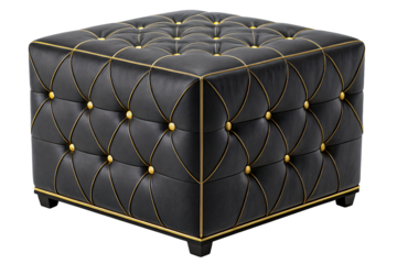 Luxurious black leather ottoman with deep tufting and elegant gold detailing, square shaped interior furniture design featuring decorative stitching, ideal for stylish living room or home visuals