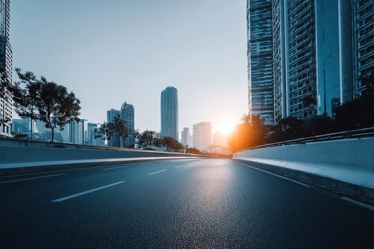 Sunrise Cityscape Empty Road Perspective View
