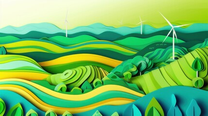 Obraz premium Stylized Green Landscape with Wind Turbines