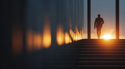 Silhouette of male walking towards sunset in modern architectural setting