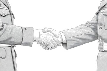 Two people in uniforms shaking hands in a sketch-style illustration