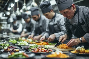Team of male asian chefs preparing gourmet dishes in professional kitchen