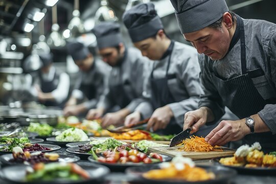 Team of male asian chefs preparing gourmet dishes in professional kitchen