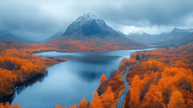 Autumn Landscape with Orange Trees and Mountain View in Glen Coe Scotland