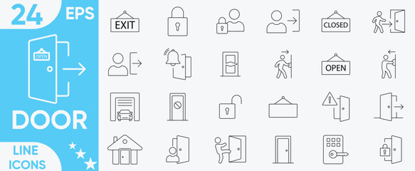 Door icon set.exit, doorbell, knock, open door, home, closed door, pull, closed, Input, output, lock, push and more.Vector and illustrator set.
