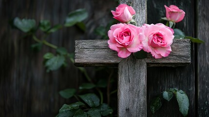 Beautiful Pink Roses Resting on Rustic Wooden Cross Peaceful Nature Still Life Photography Image Background Floral Design Element old dark gray hope plant green faith bloom macro  