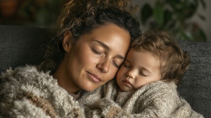 Peaceful sleep: hispanic female adult and child embracing in cozy knitwear