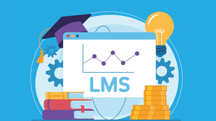 LMS Dashboard Illustration – Learning Management System Interface with Graph, Coins, and Graduation Cap in Flat Style