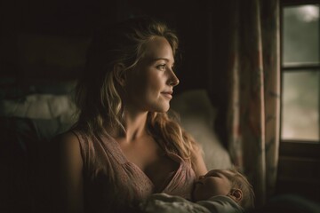 Fototapeta premium Young caucasian female with baby looking out window, soft light, peaceful moment