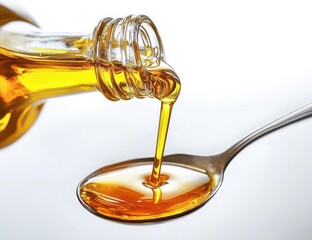 Golden syrup pouring smoothly from a clear glass bottle into a shiny metal spoon against a white background