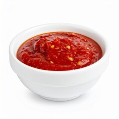 Fresh chili paste in small bowl isolated on white background with full depth of field for spicy food or cooking concept