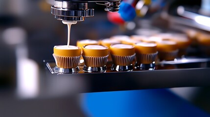 Automated dessert production line pouring cream into mini cupcake molds in a modern factory