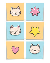 sticky note collection of cat faces, stars, flowers vector illustration