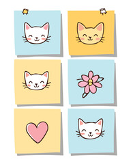 sticky note collection of cat faces and flowers vector illustration