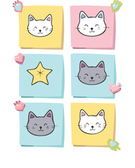 Cat Faces Sticky Notes Stars Hearts Vector Illustration