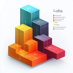Obraz premium Colorful 3D bar chart with six rectangular blocks in blue, yellow, orange and red shades, showing data with gradient lighting and percentage values in a clean modern style