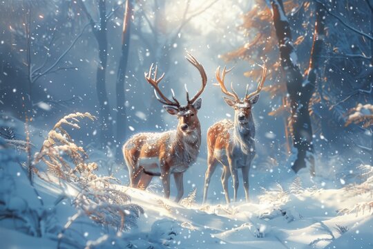 Noble deer male and female in winter snow forest.