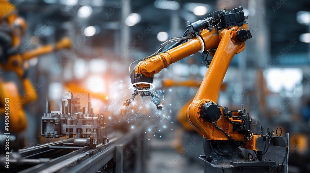 Poster automated robotic arm in factory setting with double exposure effect