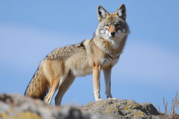Fototapeta premium Alert wild coyote standing on a rocky ledge under a clear blue sky looking directly at the camera with a calm and focused expression