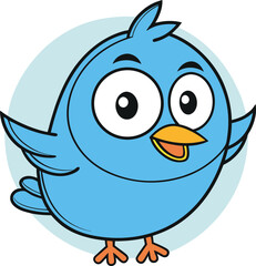 A cartoon illustration of a light blue bird with big eyes and an orange beak on a white background