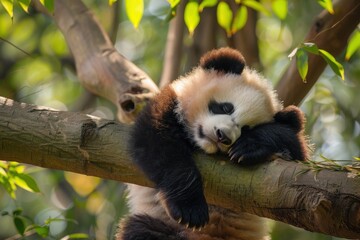 Obraz premium Panda Bear Sleeping on a Tree Branch, China Wildlife. Bifengxia nature reserve, Sichuan Province. Cute Lazy Baby Panda Sleeping in the Forest, Enjoying an afternoon nap with paws Hanging Down.
