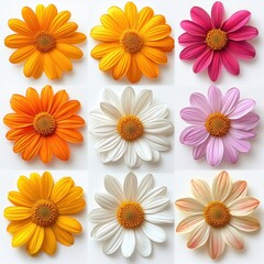 Arrangement of nine vibrant daisy flowers in varying shades of yellow, orange, white, pink, and purple against a white background, showcasing bright and cheerful beauty