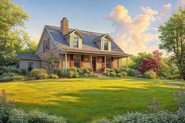 Obraz premium Charming brick house with dormer windows surrounded by lush green lawn and colorful blooming trees under a vibrant sky at sunset