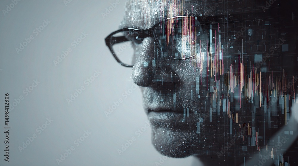 Poster businessman analyzing data points with floating visual elements