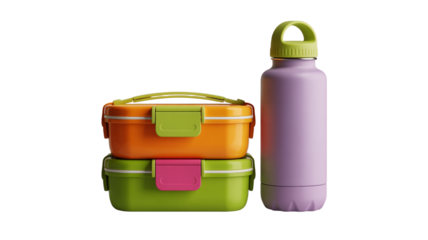 Two stacked lunchboxes and a purple water bottle on a light pink background