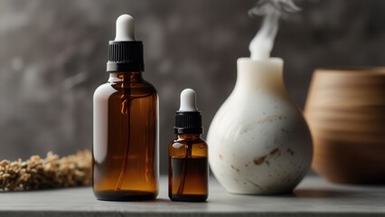Branding Scene with Amber Essential Oil Dropper Bottles and Diffuser on Neutral Zen Background