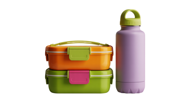 Two stacked lunchboxes and a purple water bottle on a light pink background