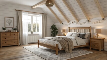 Bedroom interior with wooden bed and furniture in attic space